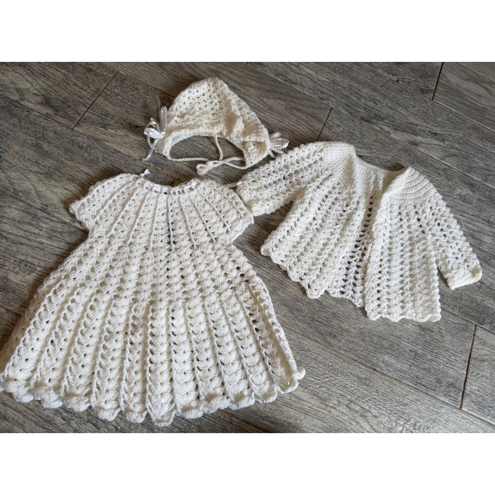Crochet Dress Bonnet 3 pc Set Handmade‎ Newborn White Vintage Heirloom Girls